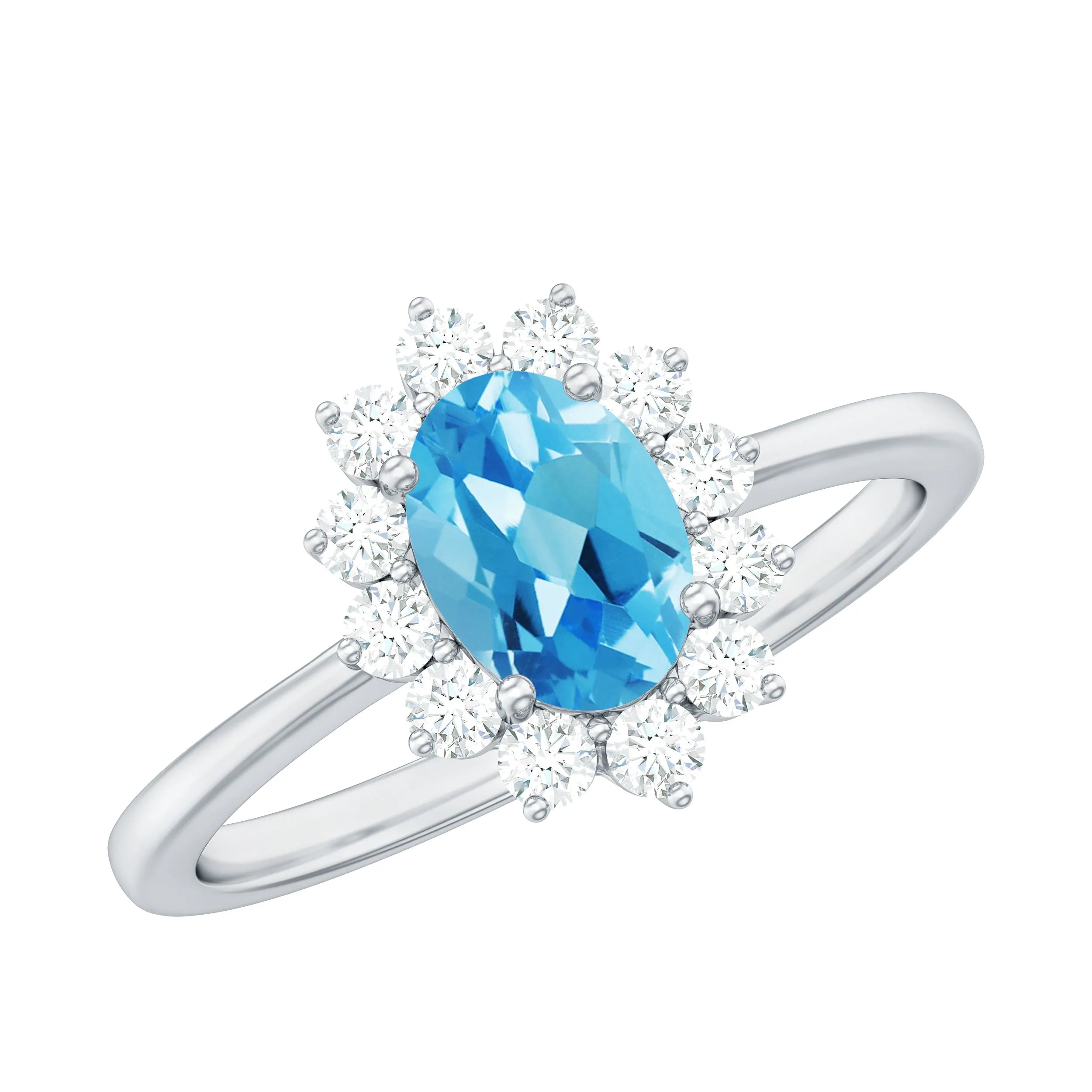 1 CT Princess Diana Inspired Oval Shape Swiss Blue Topaz Engagement Ring Diamond Halo