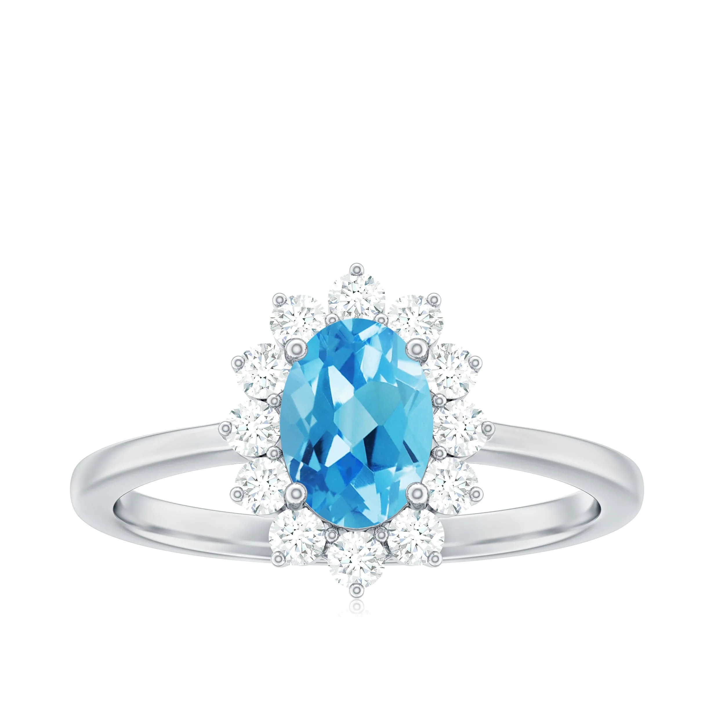 1 CT Princess Diana Inspired Oval Shape Swiss Blue Topaz Engagement Ring Diamond Halo