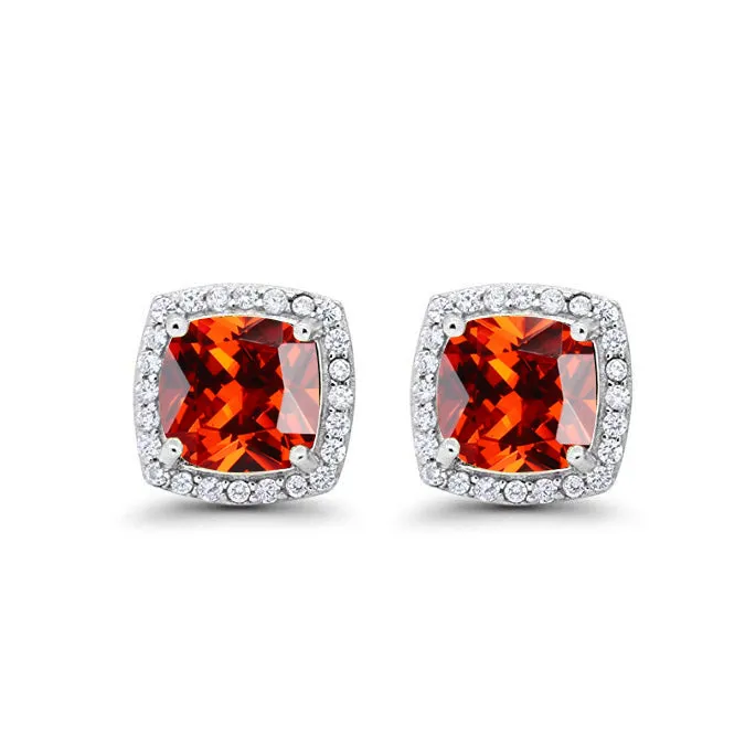 10k White Gold Plated 1 Ct Created Halo Princess Cut Ruby Stud Earrings