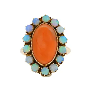 14K Yellow Gold Cabochon Coral and Opal Halo Ring