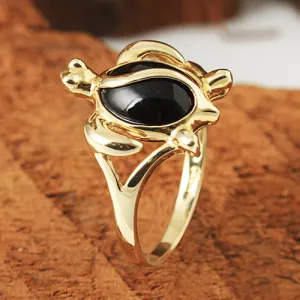 14K Yellow Gold Honu (Hawaiian Turtle) with Black Coral Inlaid Ring