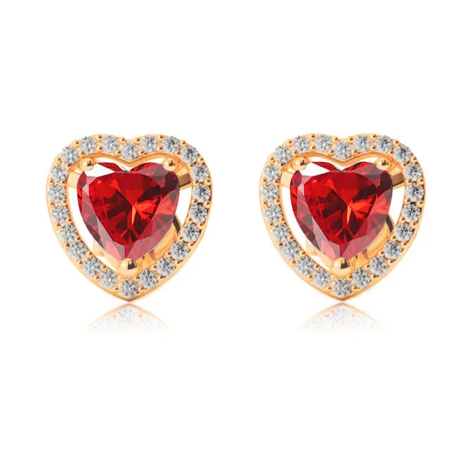 14k Yellow Gold Plated 1/2 Ct Created Halo Heart Ruby Stud Earrings