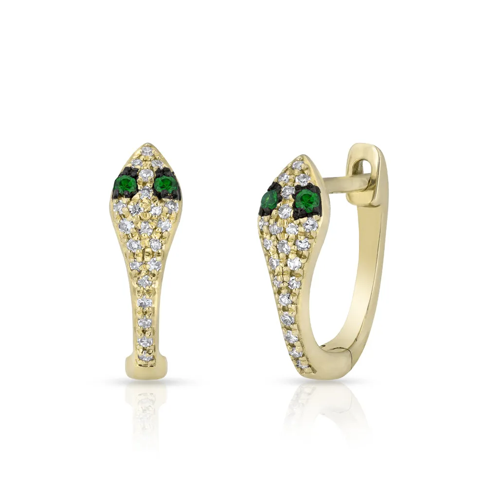 14KT Yellow Gold Diamond Emerald Snake Huggie Earrings