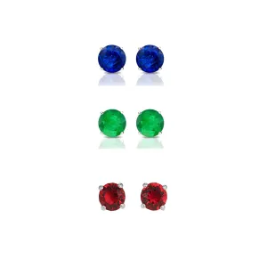 18k White Gold Plated 1/2Ct Created Blue Sapphire, Emerald and Ruby 3 Pair Round Stud Earrings