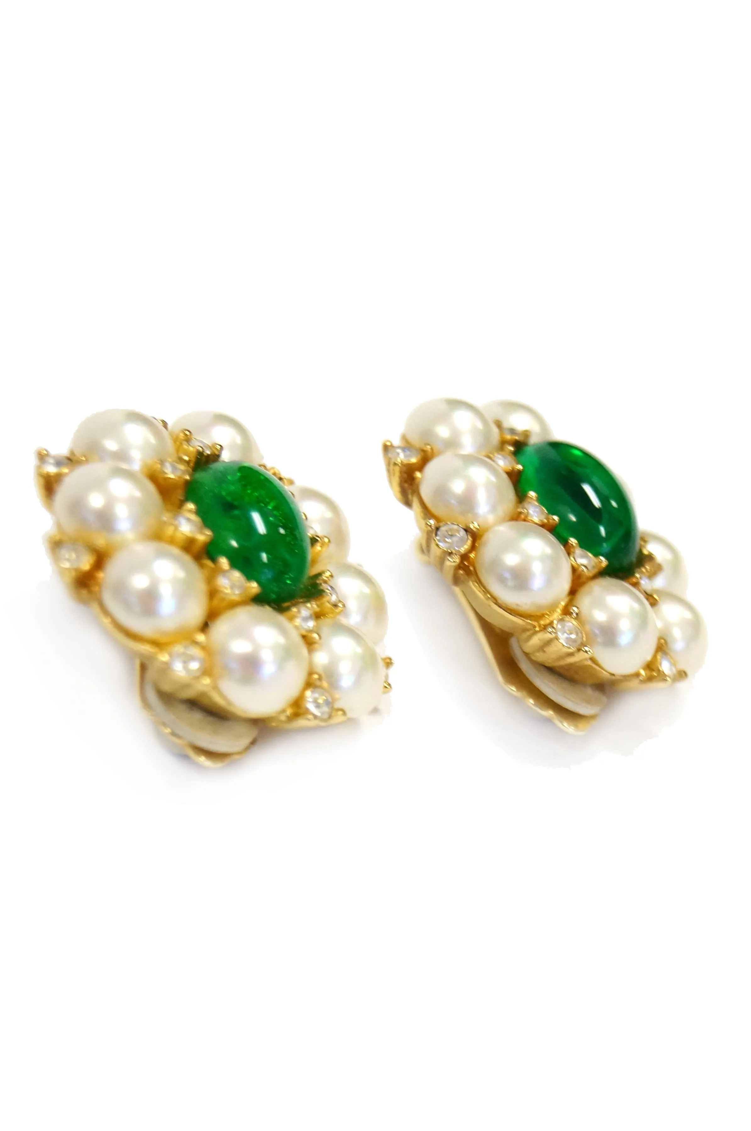 1960s Christian Dior Poured Glass Emerald and Faux Pearl Earrings