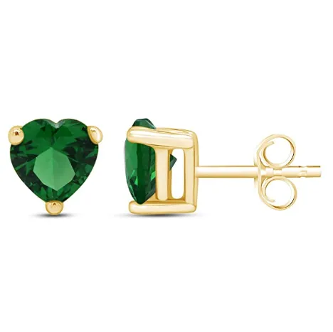 24k Yellow Gold Plated 2 Cttw Emerald Heart Stud Earrings