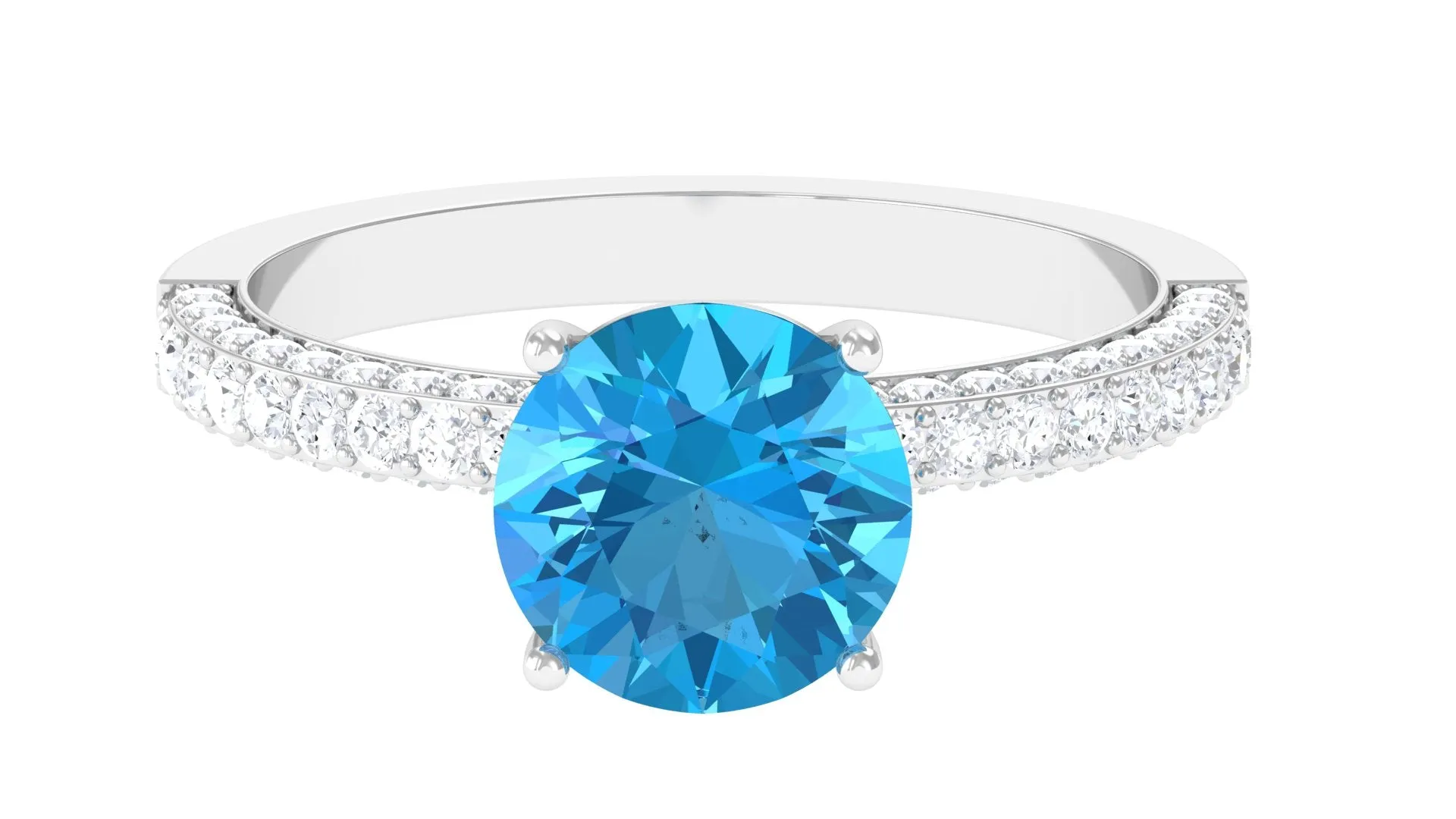 2.75 CT Round Cut Swiss Blue Topaz Solitaire Ring with Moissanite Side Stones