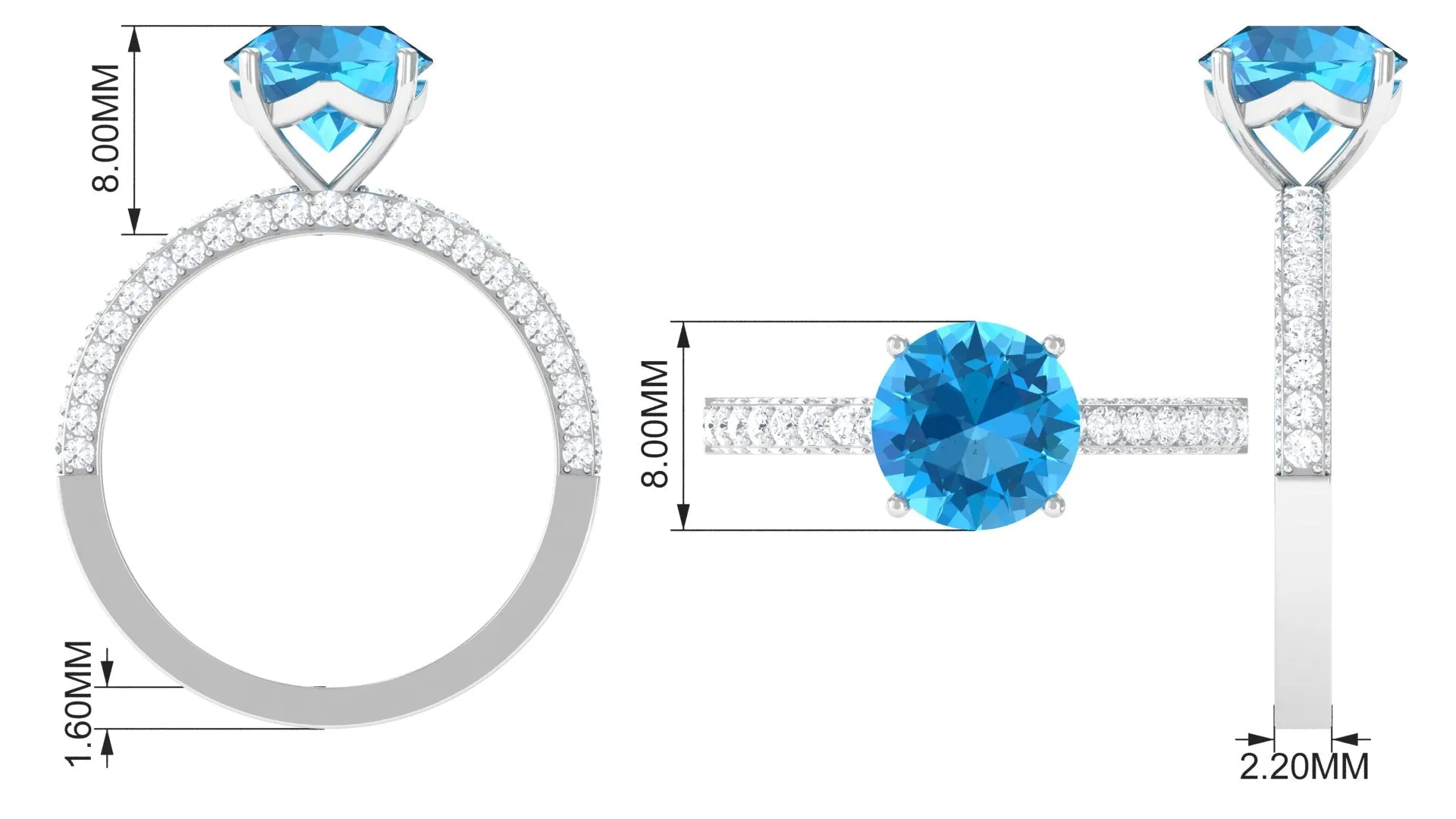 2.75 CT Round Cut Swiss Blue Topaz Solitaire Ring with Moissanite Side Stones