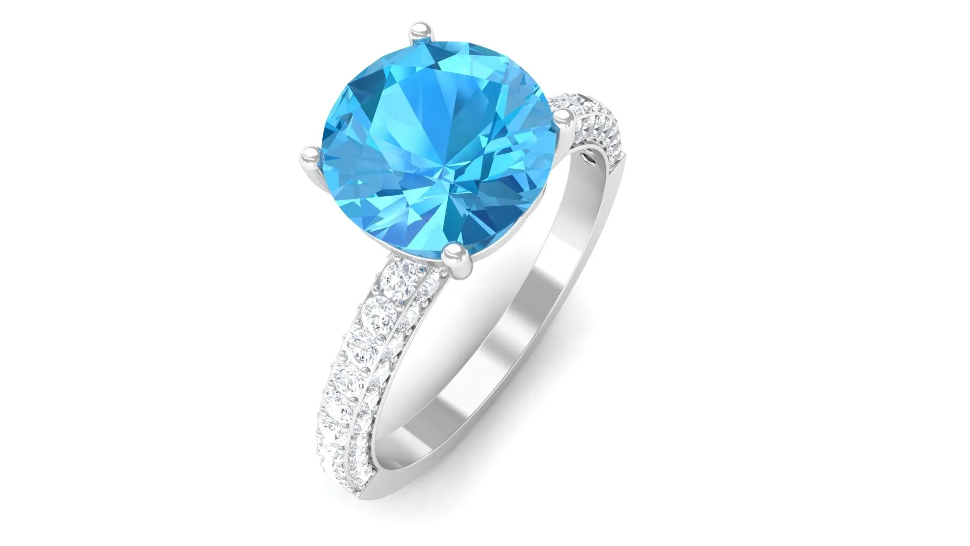 2.75 CT Round Cut Swiss Blue Topaz Solitaire Ring with Moissanite Side Stones