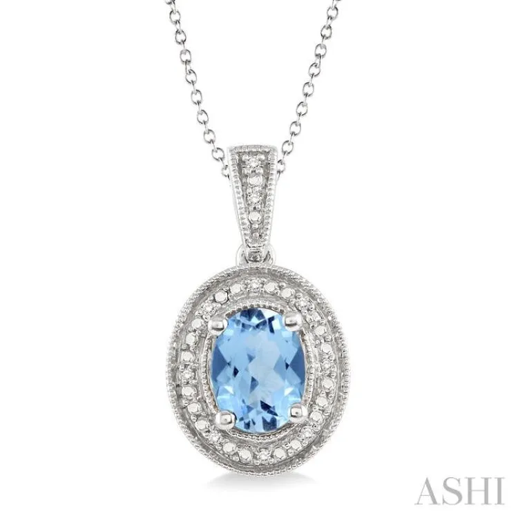 8x6 MM Oval Cut Blue Topaz and 1/20 Ctw Single Cut Diamond Pendant in Sterling Silver with Chain