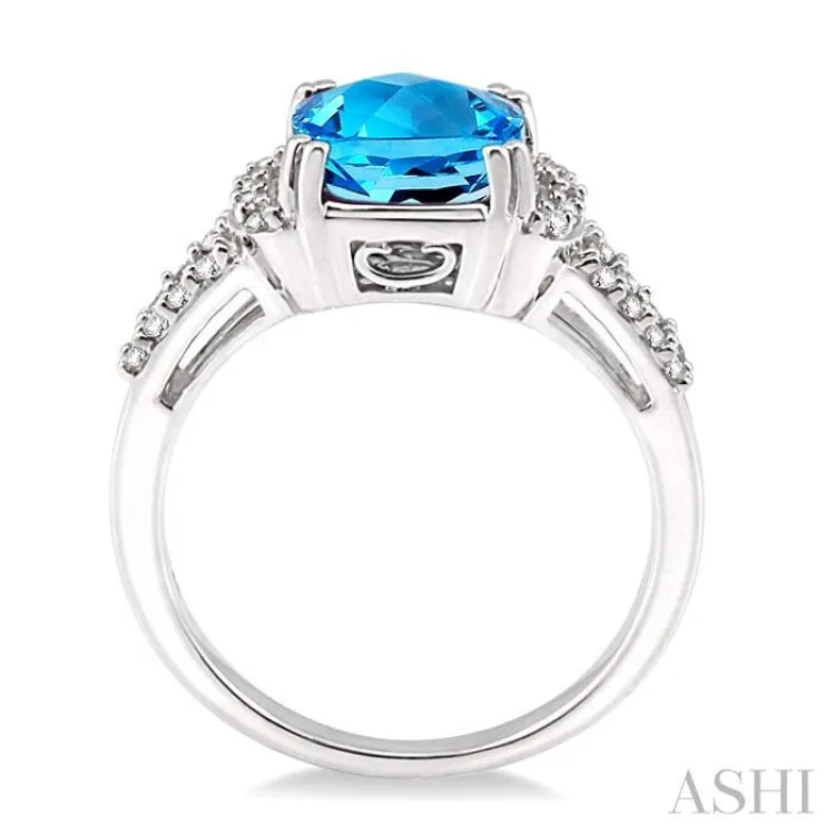 8x8MM Cushion Cut Blue Topaz and 1/4 Ctw Round Cut Diamond Ring in 14K White Gold