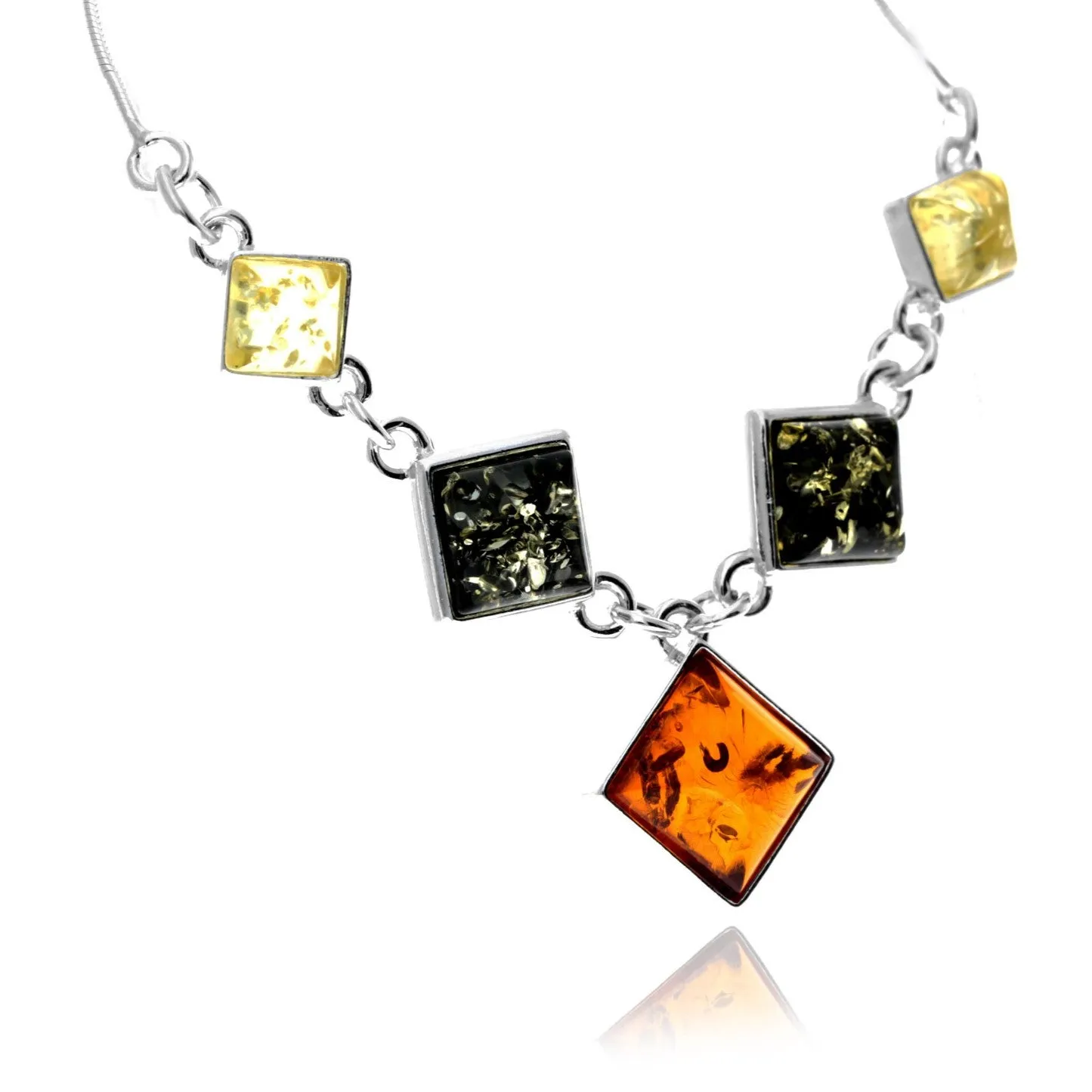 925 Sterling Silver & Genuine Baltic Amber Multi Stones Modern Necklace - 6135