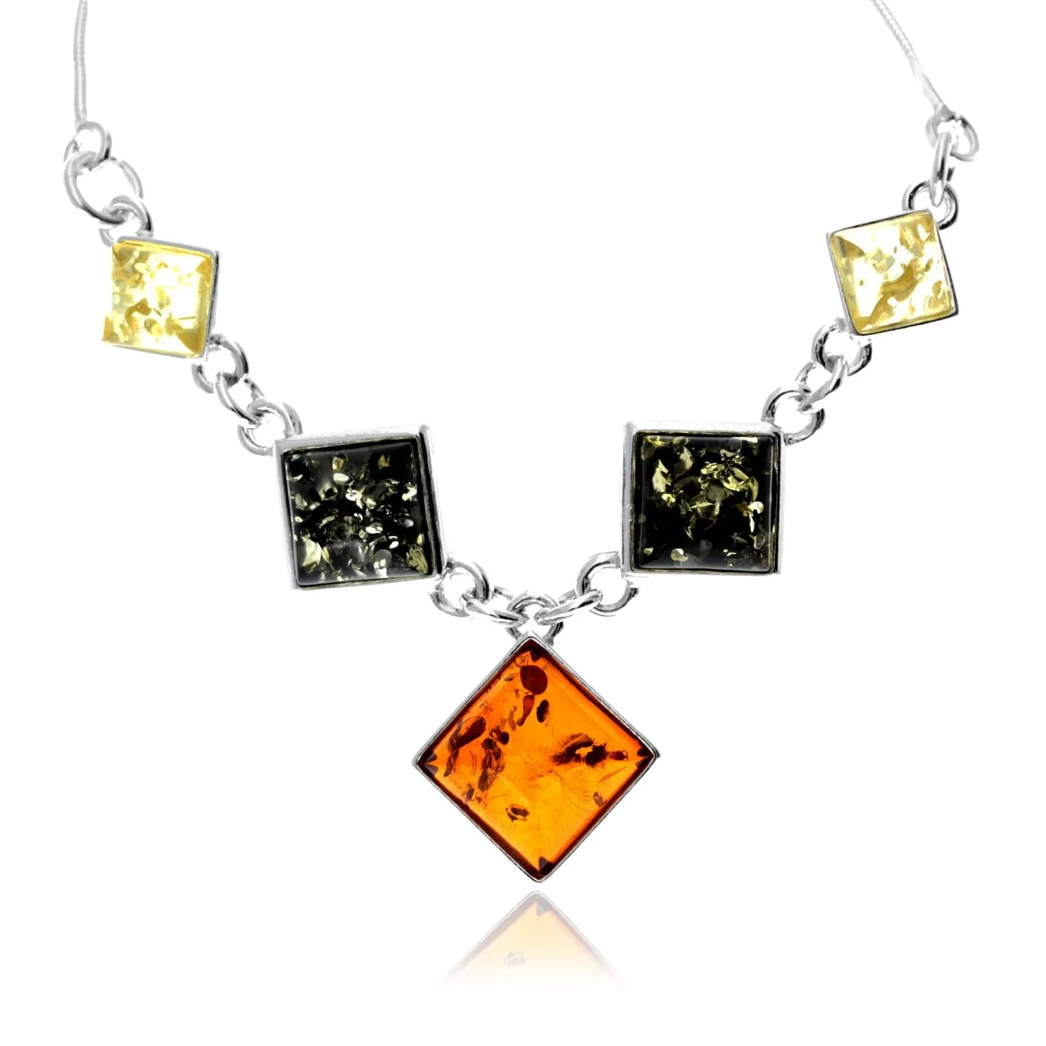 925 Sterling Silver & Genuine Baltic Amber Multi Stones Modern Necklace - 6135