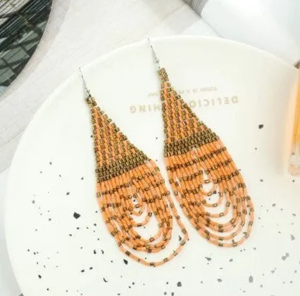 Adult Boho Dangle Beach Earrings | Bohemian Dangle Earrings for Women | Traditional Bead Tassel Earrings | Seed Bead Tribal Drop Earrings