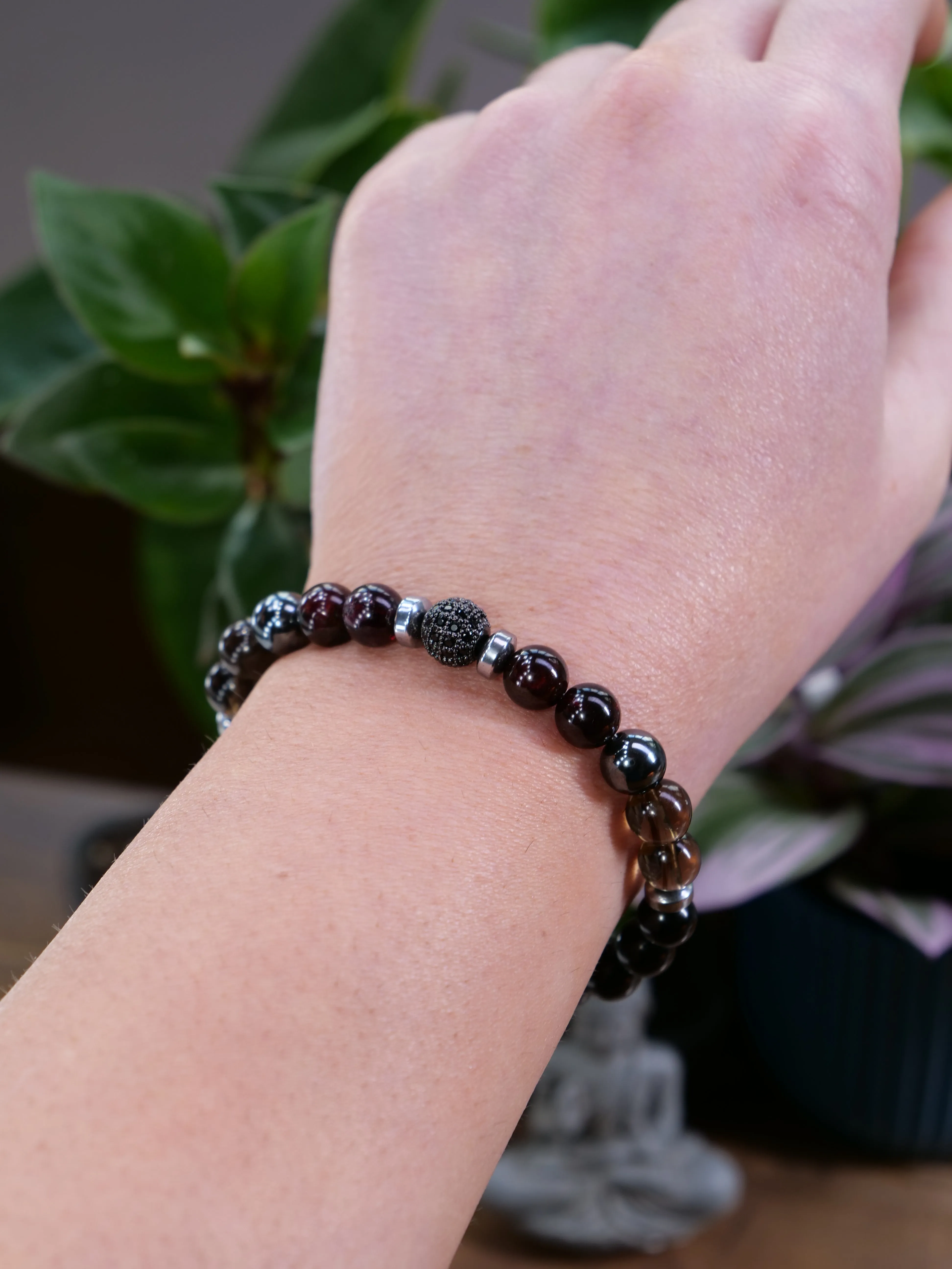 Almandine Garnet Hematite Smoky Quartz Black Tourmaline 8mm Beaded Natural Gemstone Elastic Bracelet, Genuine Top Grade Gift Jewelry, Men Women Fashion Crystal Energy Jewellery