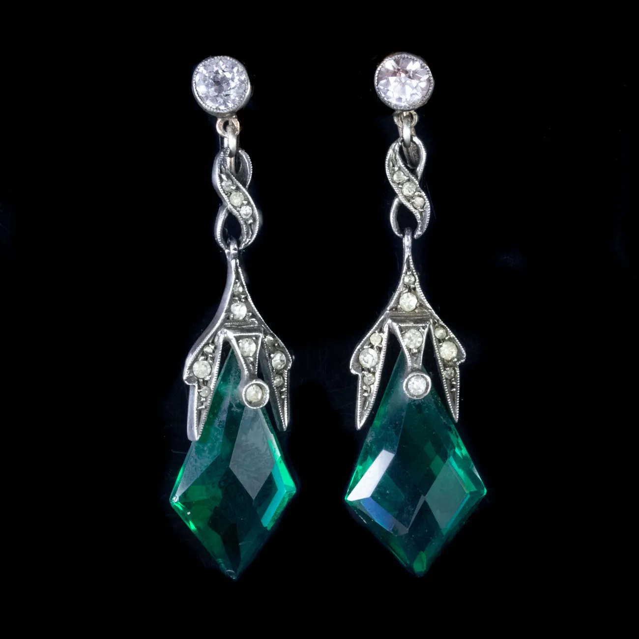 Art Deco Paste Drop Earrings Silver 9Ct Gold Circa 1920