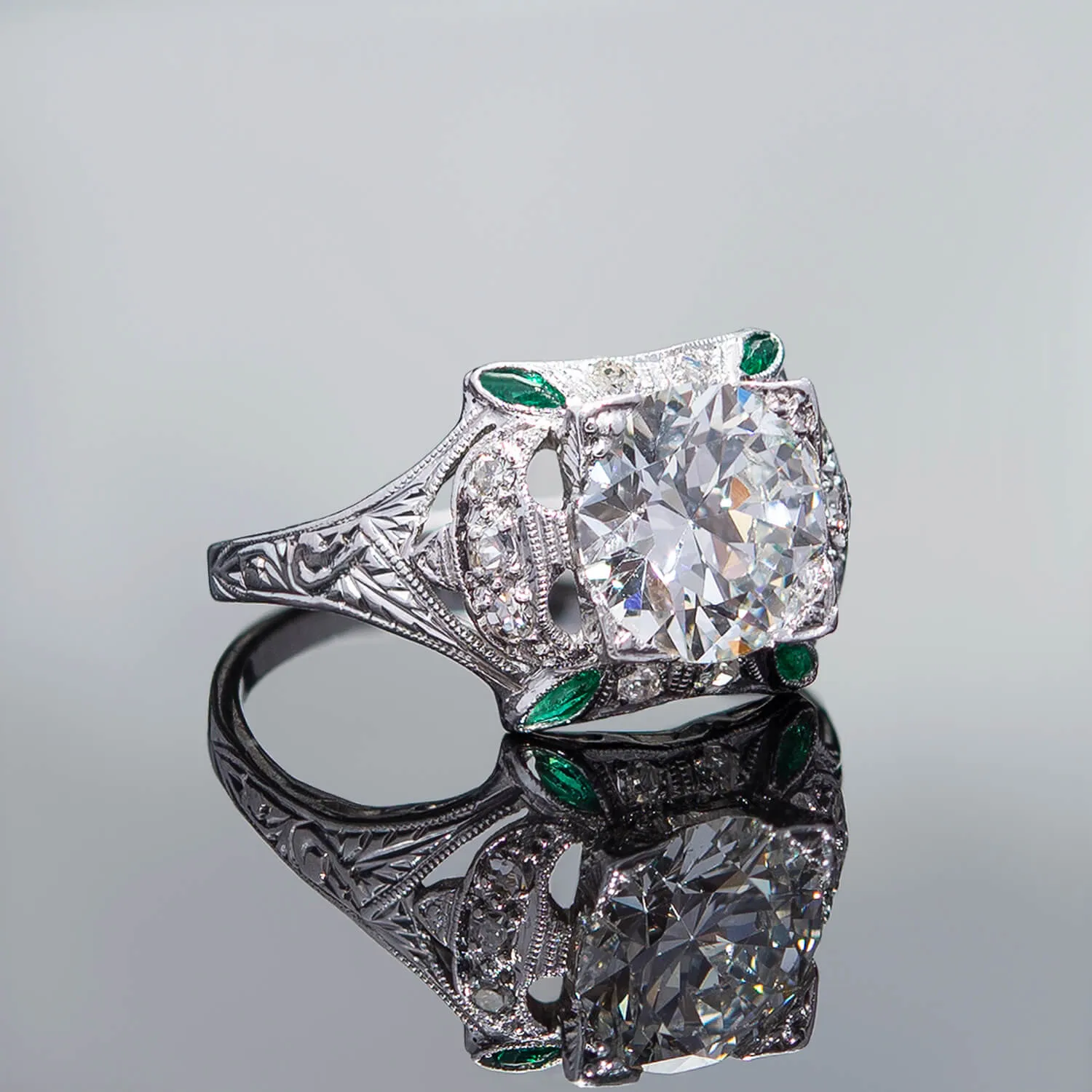 Art Deco Platinum Diamond   Emerald Engagement Ring 1.78ct