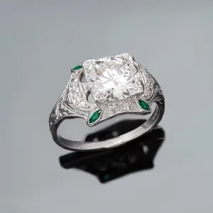 Art Deco Platinum Diamond   Emerald Engagement Ring 1.78ct