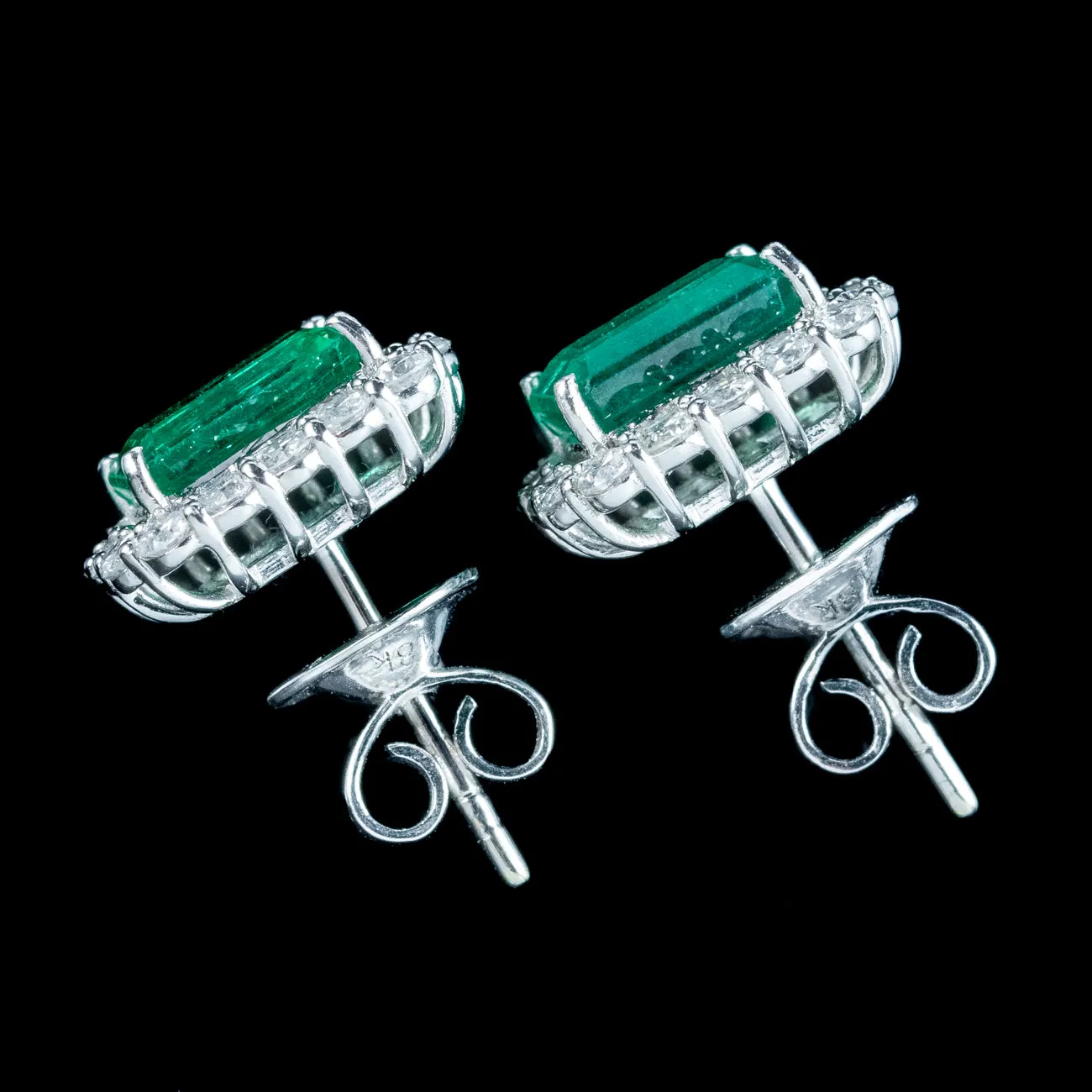 Art Deco Style Emerald Diamond Stud Earrings 18ct Gold 4.28ct Emerald