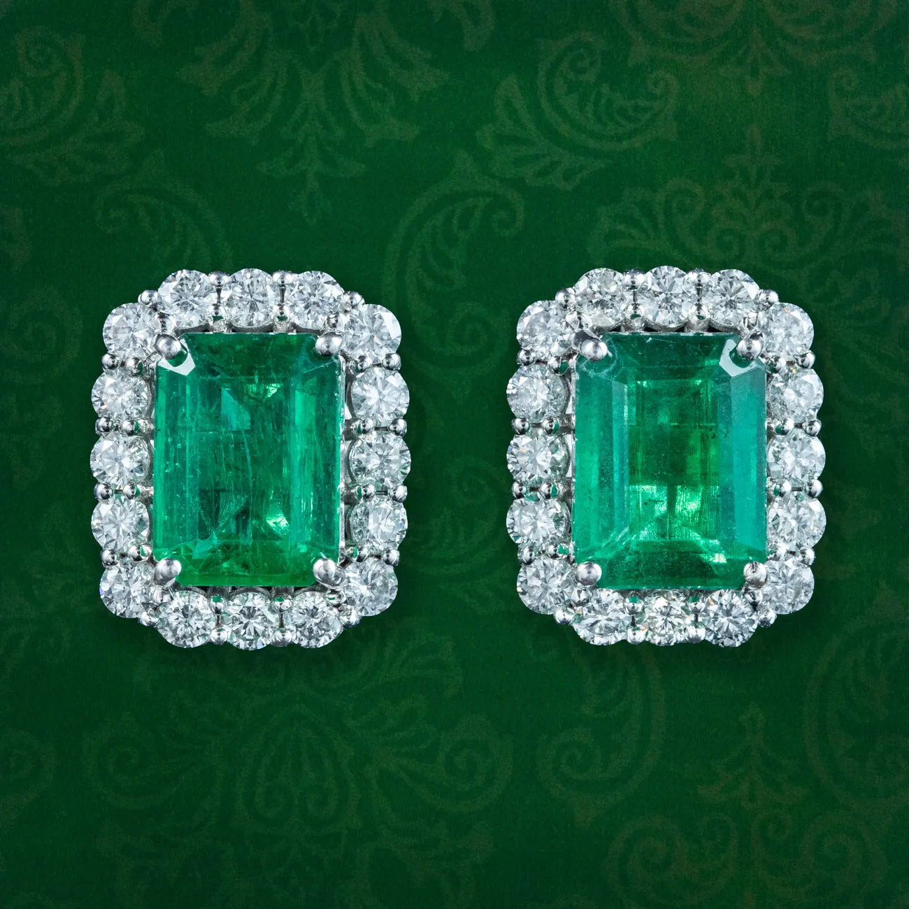 Art Deco Style Emerald Diamond Stud Earrings 18ct Gold 4.28ct Emerald