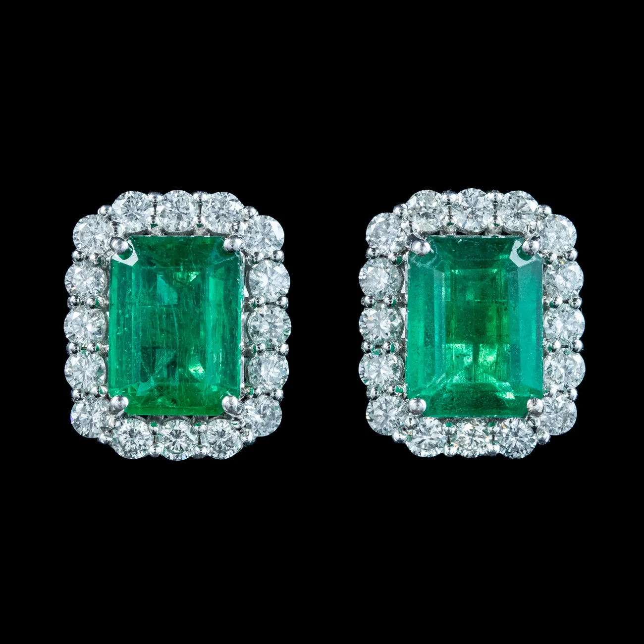 Art Deco Style Emerald Diamond Stud Earrings 18ct Gold 4.28ct Emerald