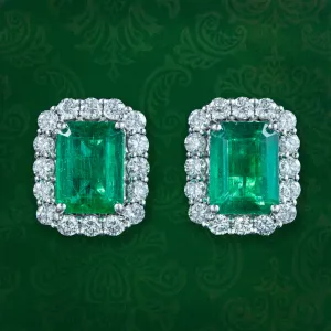 Art Deco Style Emerald Diamond Stud Earrings 18ct Gold 4.28ct Emerald