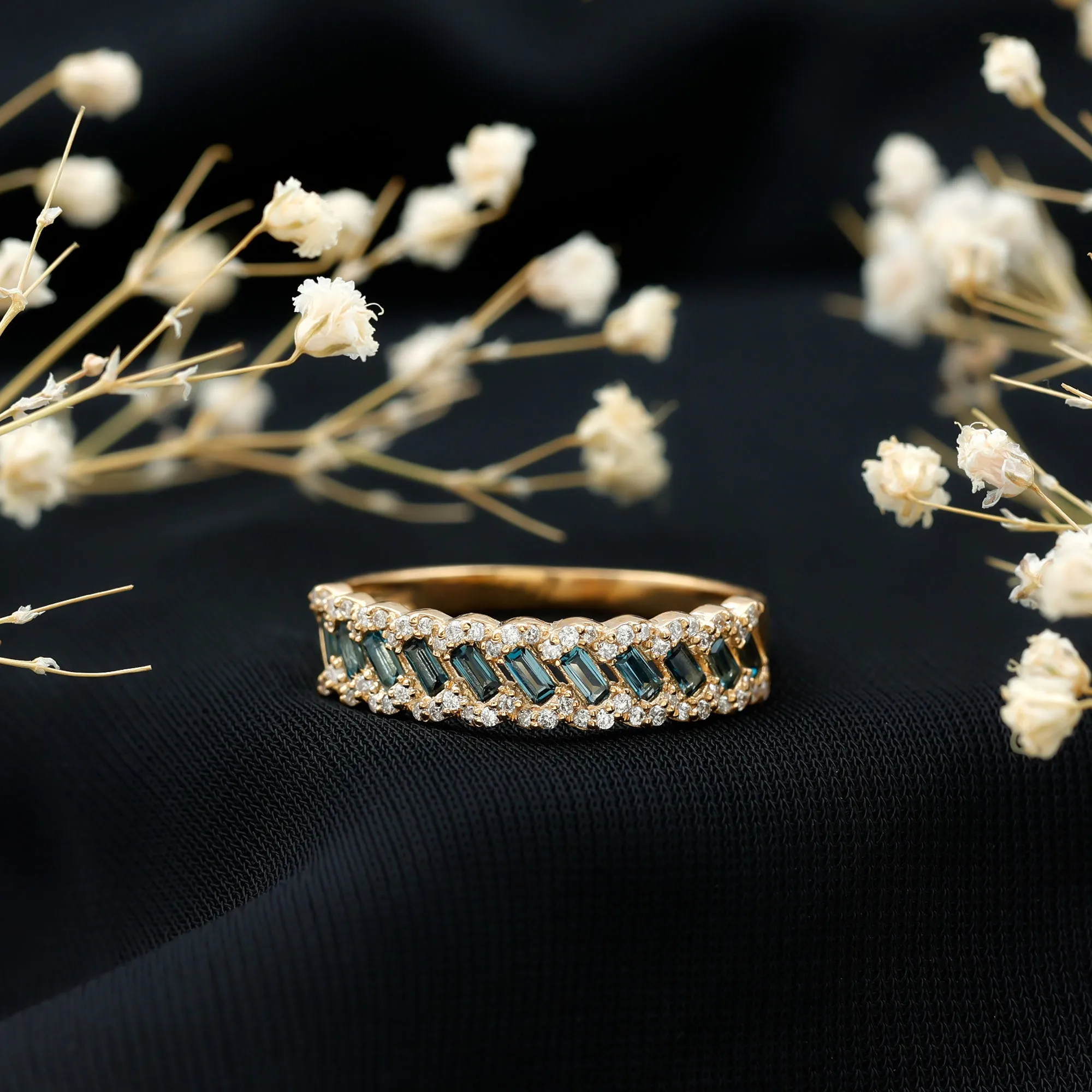 Baguette London Blue Topaz and Diamond Braided Half Eternity Band Ring