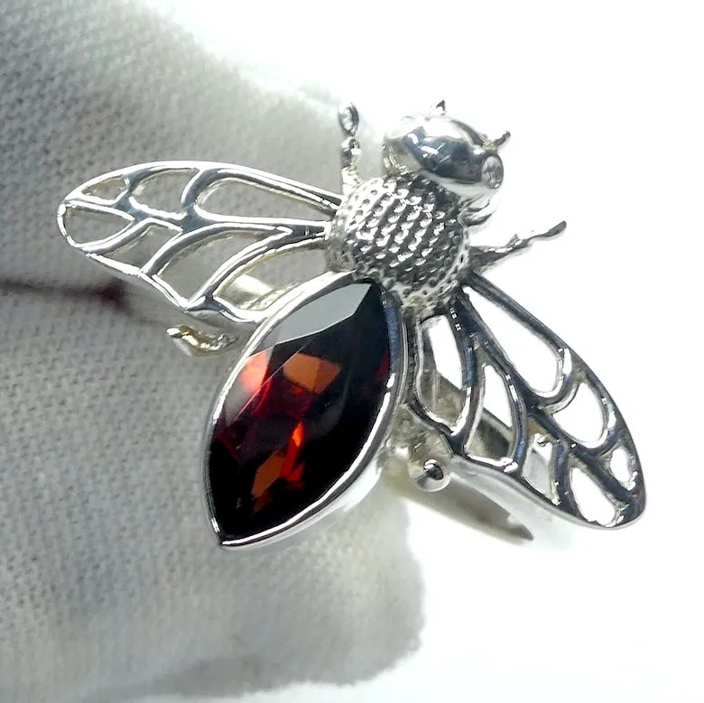 Bee Ring Faceted Garnet, 925 Sterling Silver, US Size 6