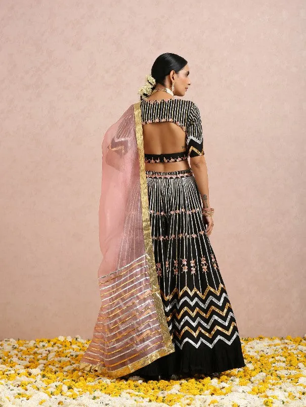 Black & Coral Hand Embroidered Silk Lehenga Set (Set of 3)