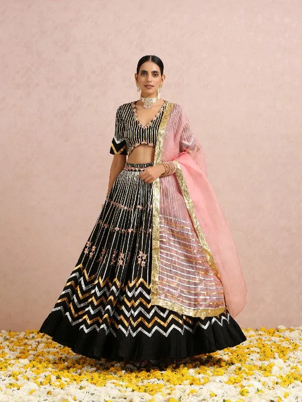 Black & Coral Hand Embroidered Silk Lehenga Set (Set of 3)