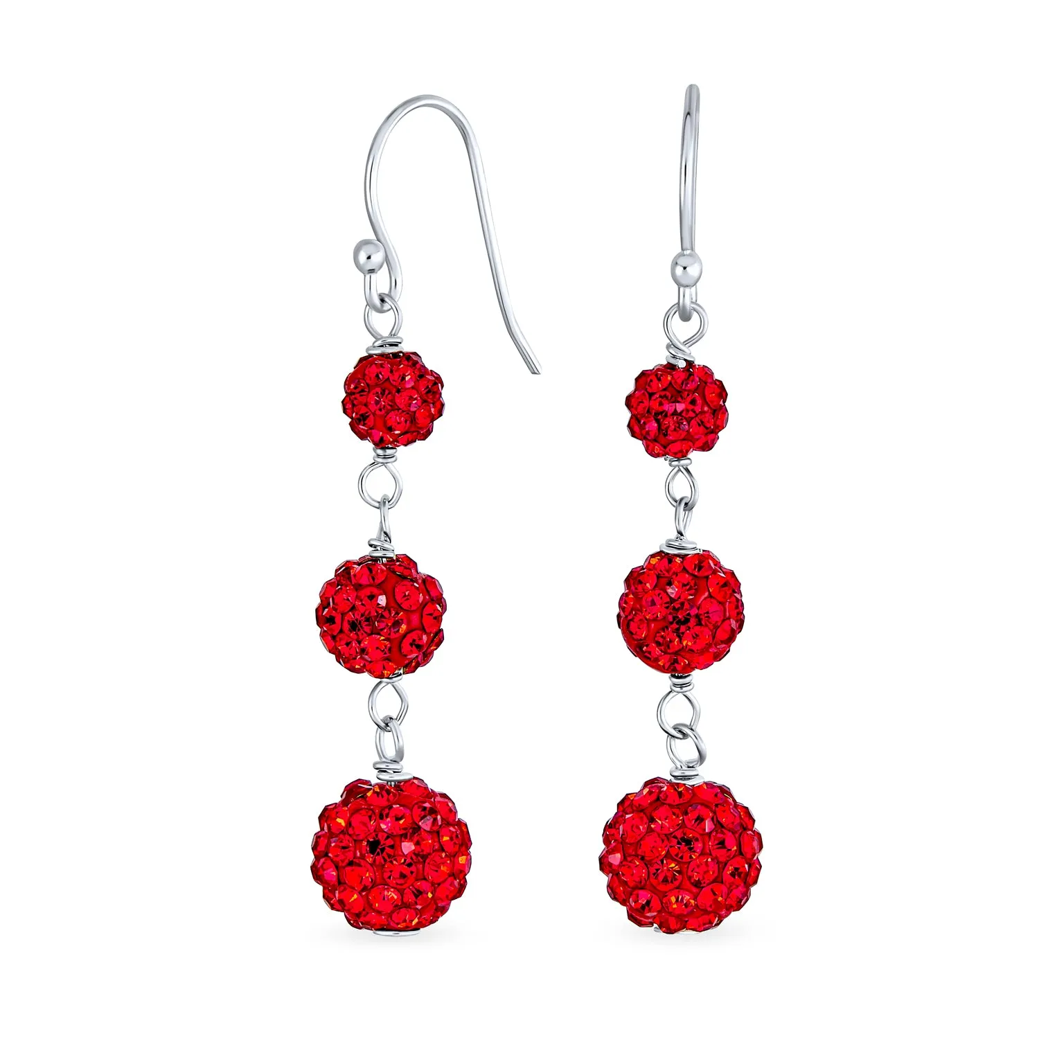 Black Red White Crystal Pave Round Disco Ball Linear Dangle Earrings .925 Silver