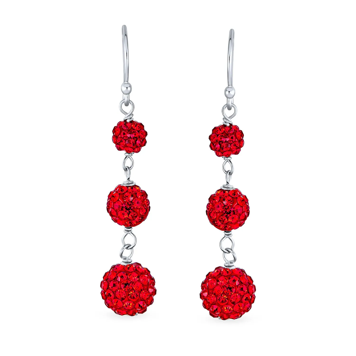 Black Red White Crystal Pave Round Disco Ball Linear Dangle Earrings .925 Silver