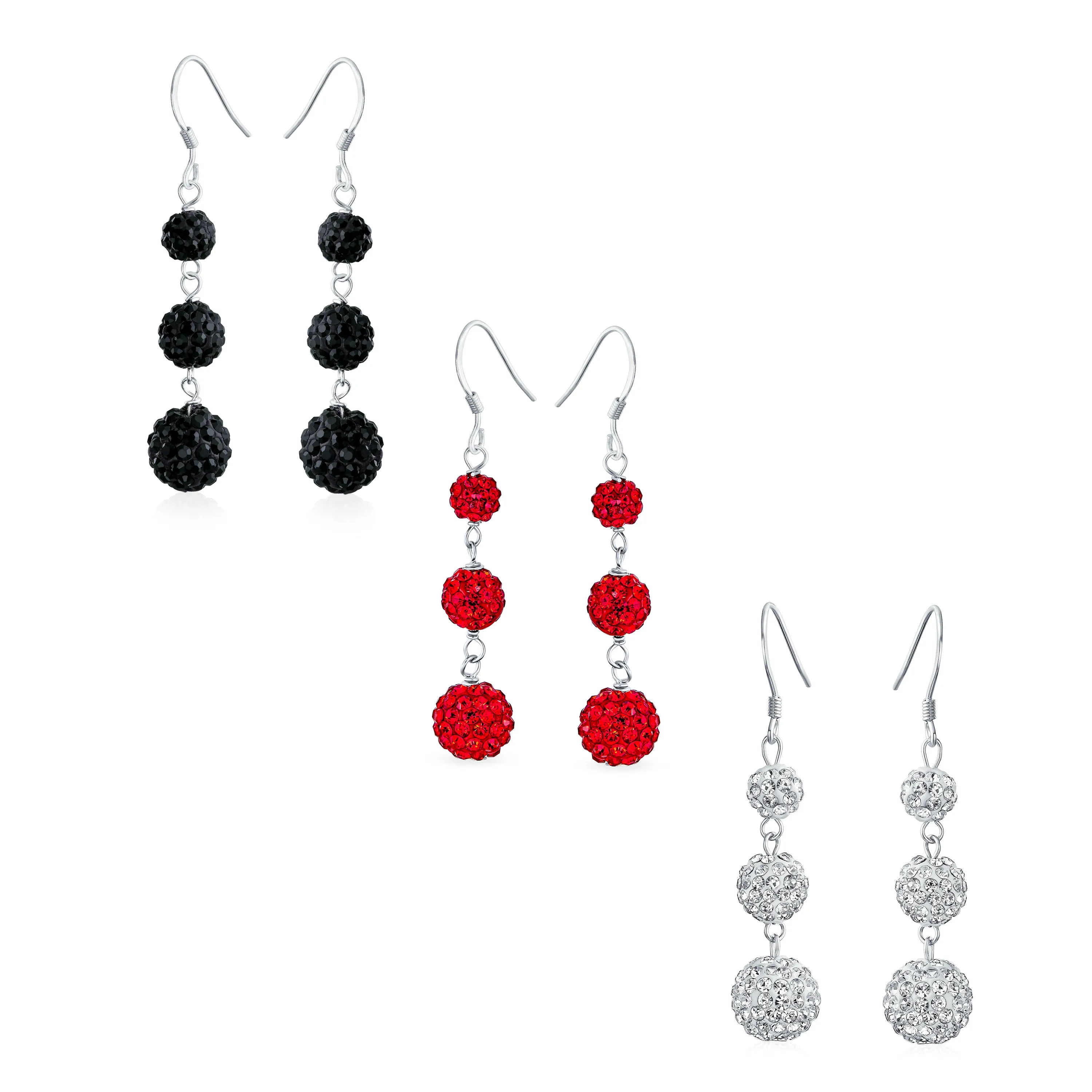 Black Red White Crystal Pave Round Disco Ball Linear Dangle Earrings .925 Silver