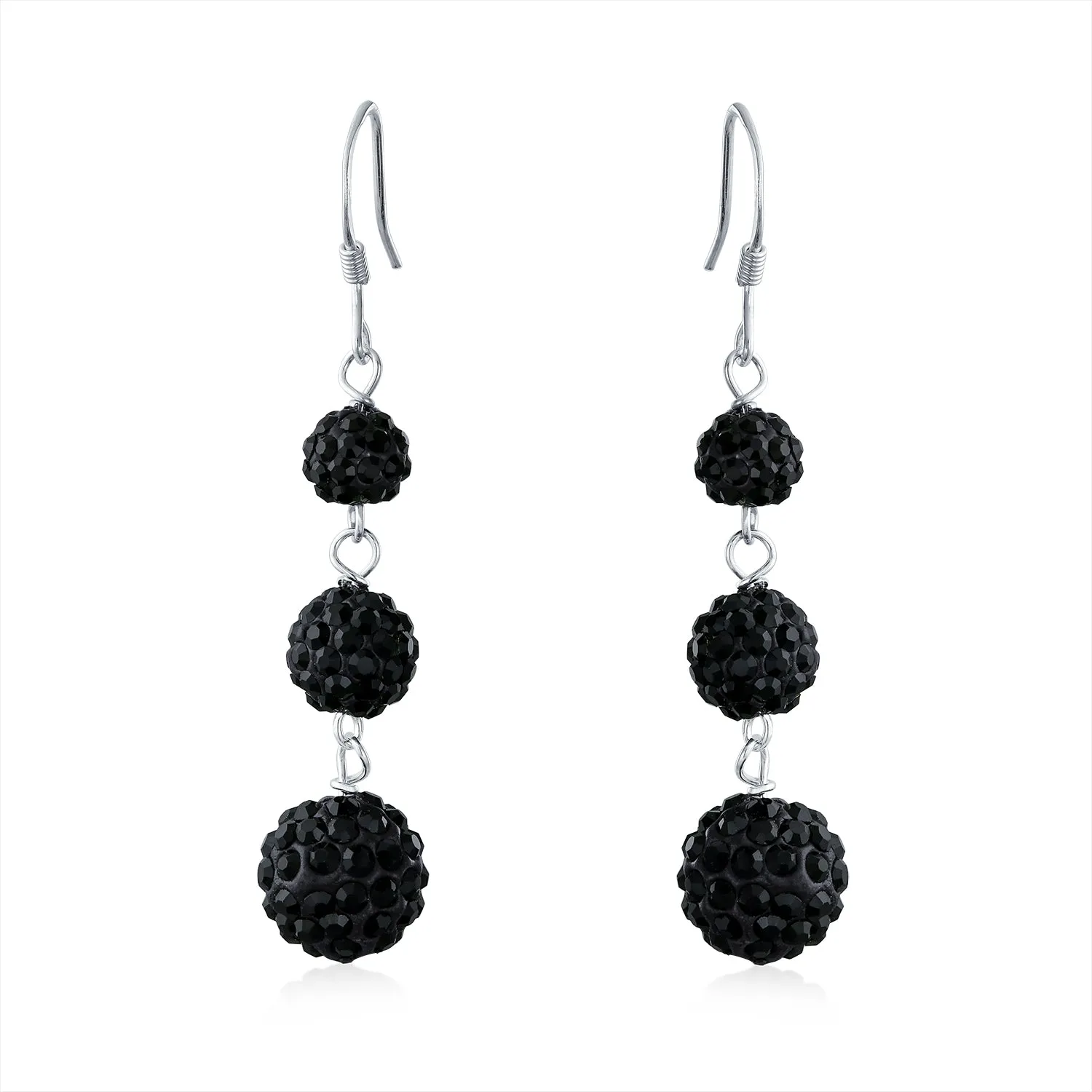 Black Red White Crystal Pave Round Disco Ball Linear Dangle Earrings .925 Silver