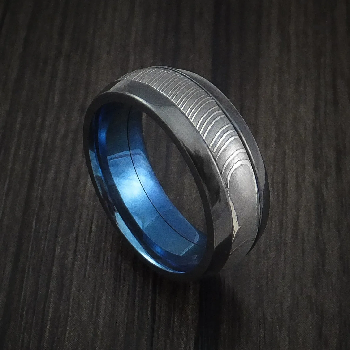 Black Titanium and Damascus Steel Band with Anodized Interior Custom Made Men's Ring