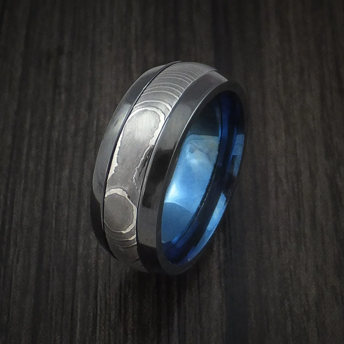 Black Titanium and Damascus Steel Band with Anodized Interior Custom Made Men's Ring