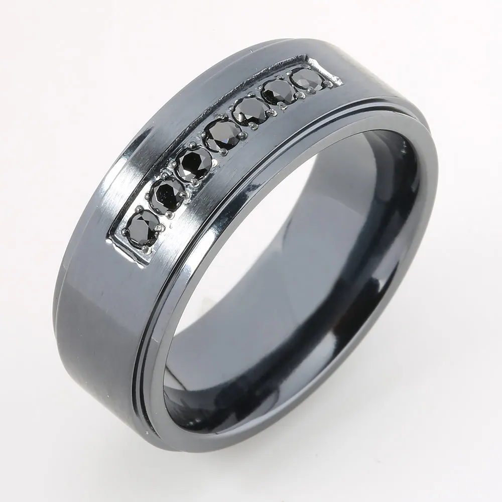 Black Titanium Double Ring with Black CZ Flat Wedding Ring 8mm