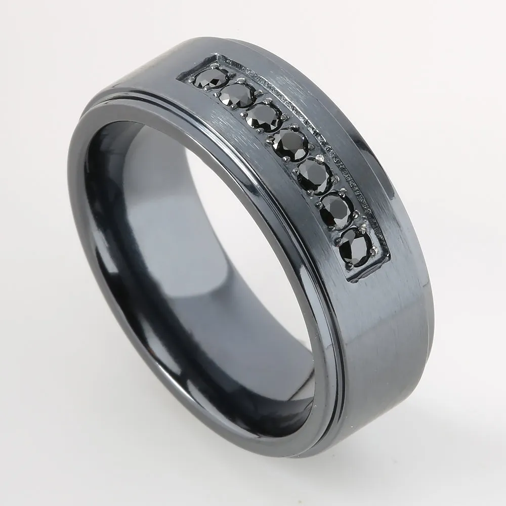 Black Titanium Double Ring with Black CZ Flat Wedding Ring 8mm