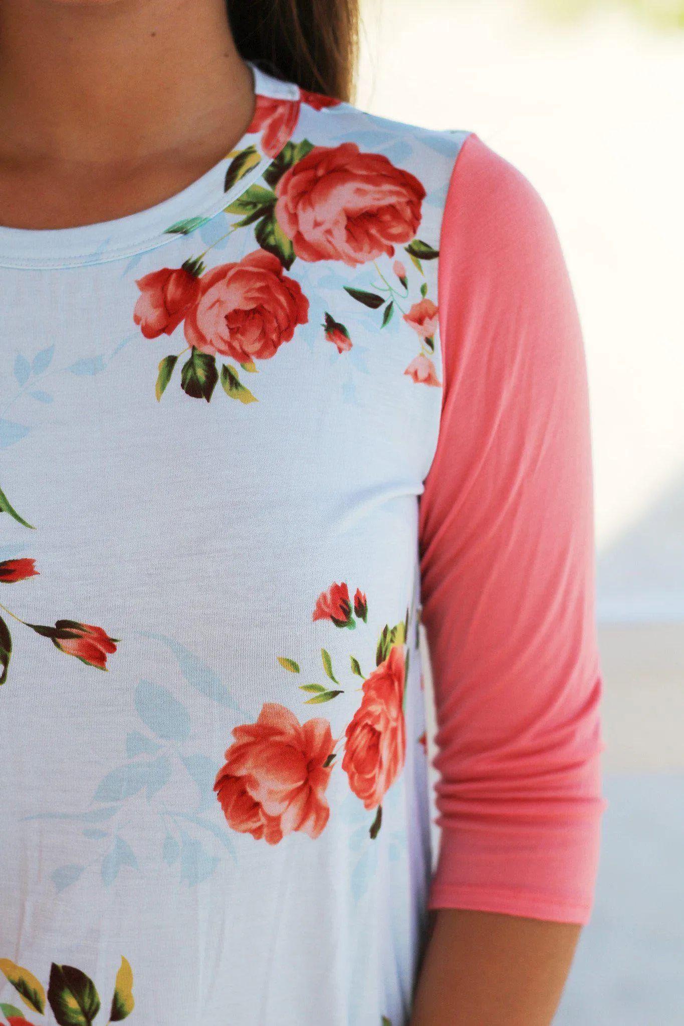 Blue Floral Top with Coral Sleeves