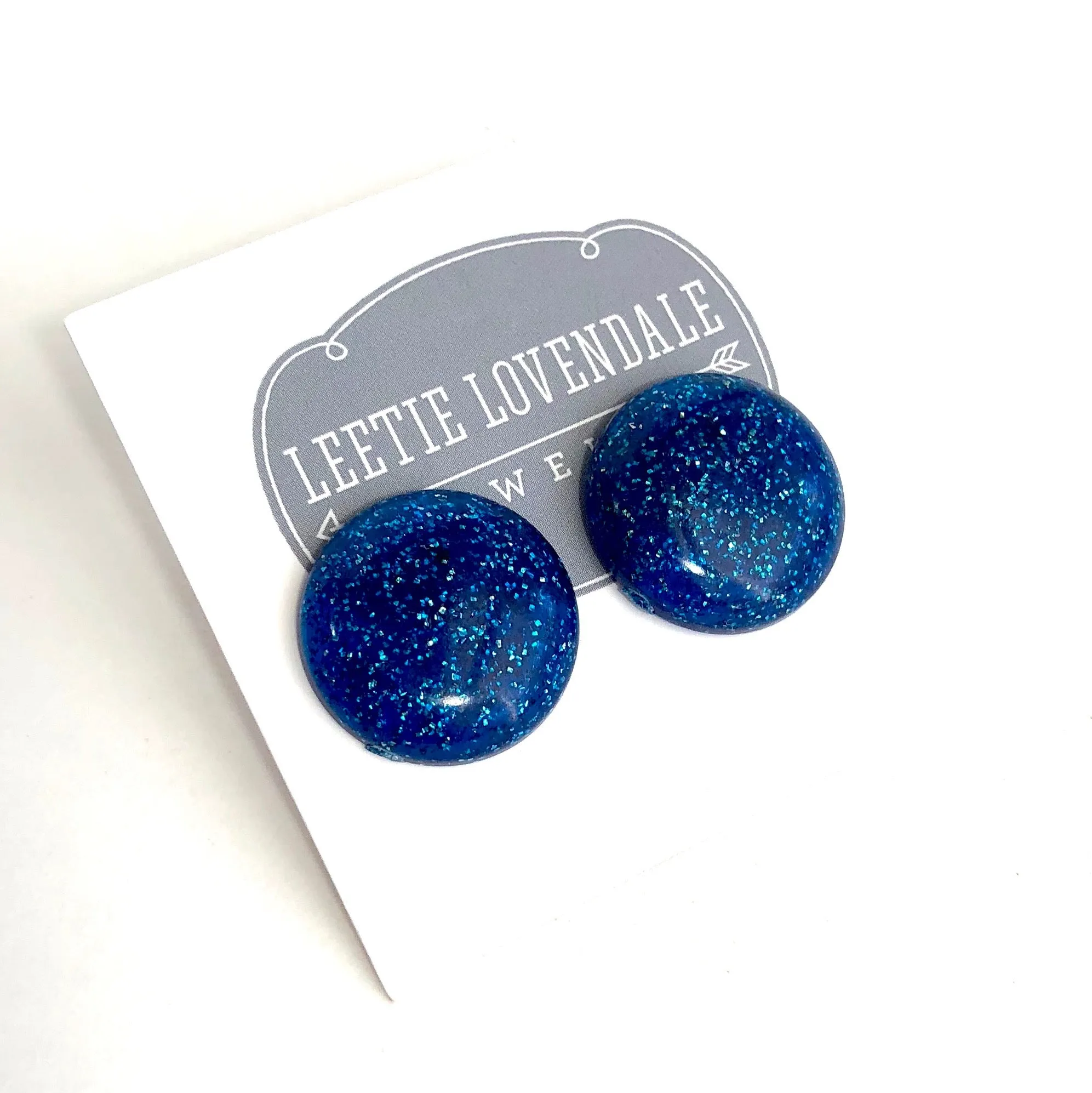 Blue Glitter Lucite Retro Button Stud Earrings