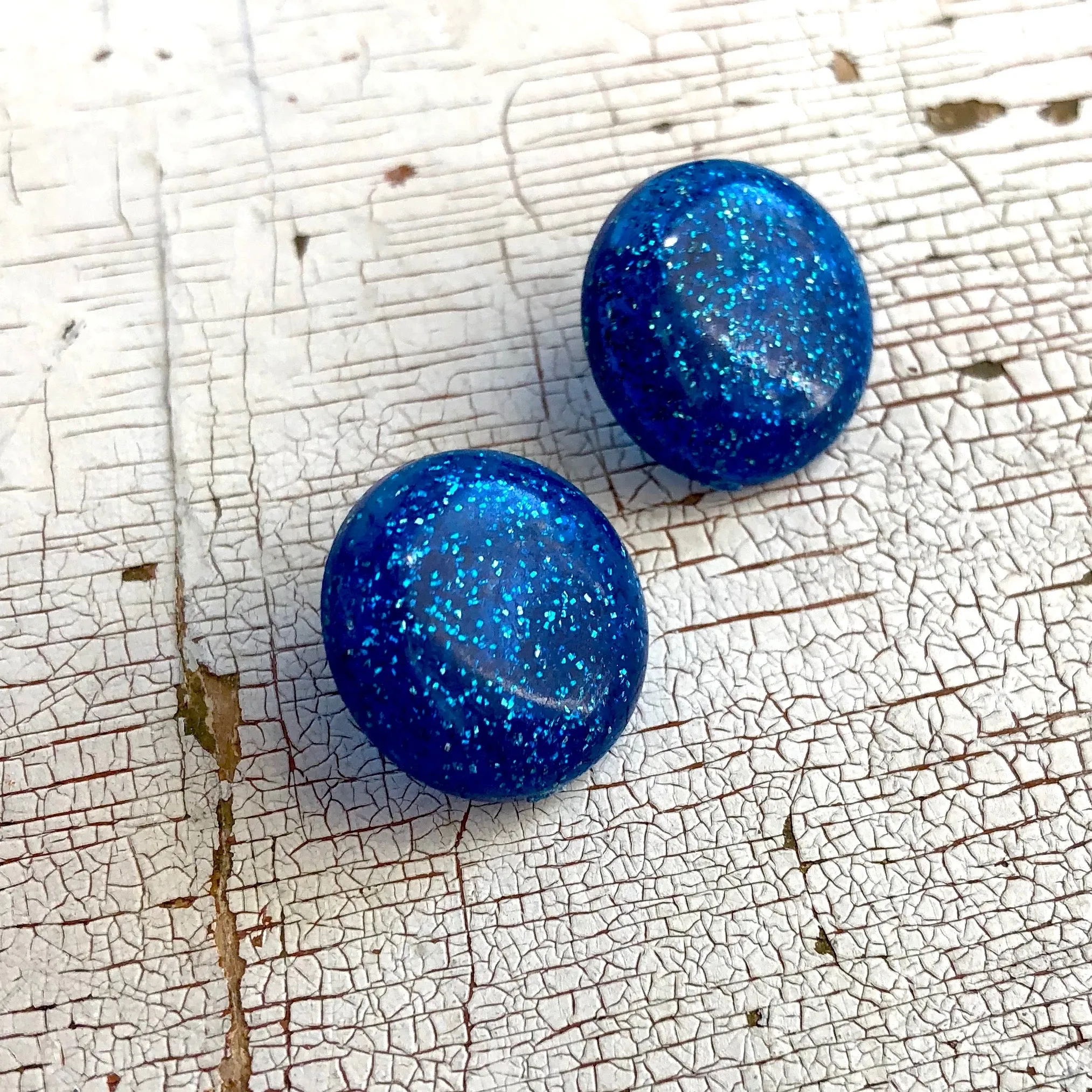 Blue Glitter Lucite Retro Button Stud Earrings