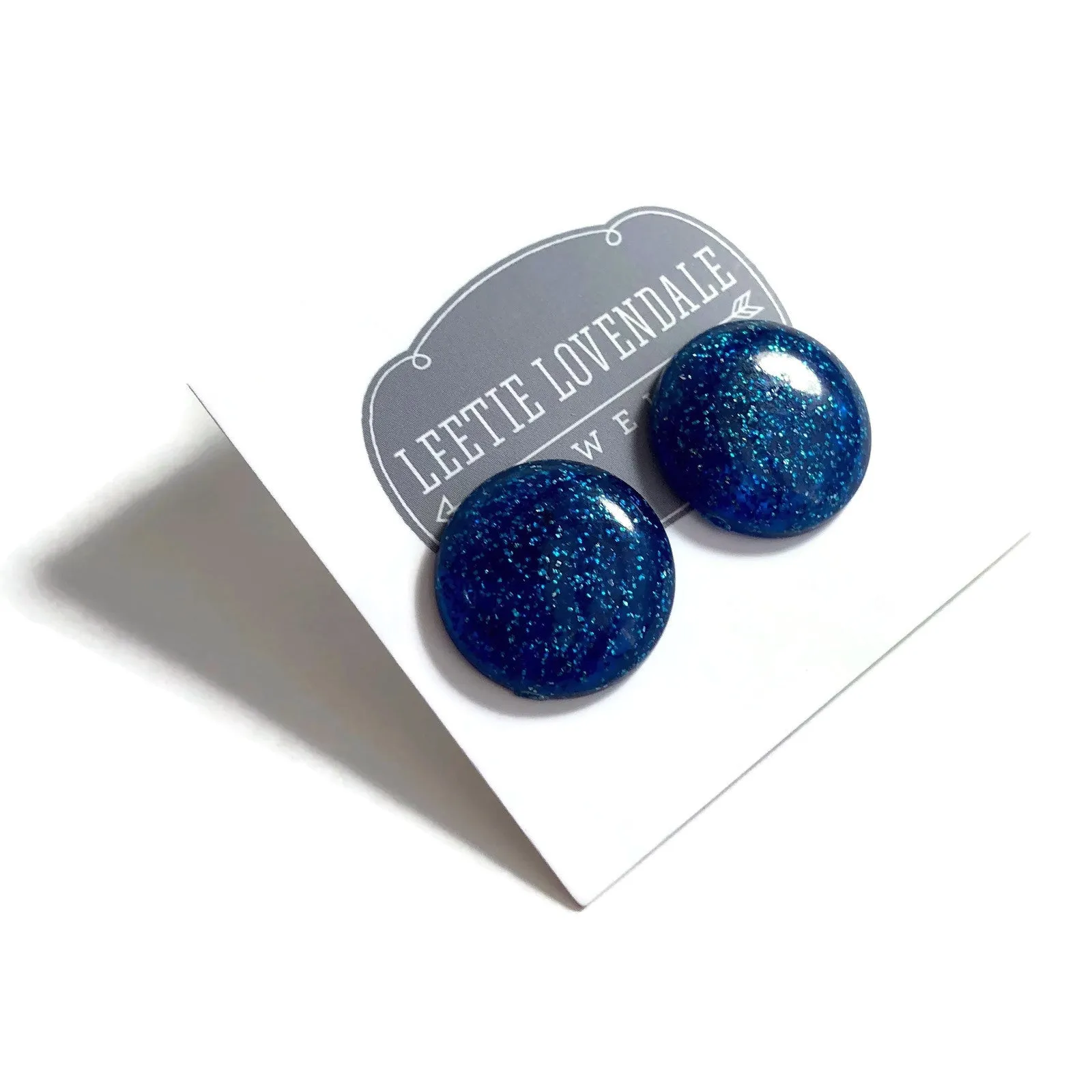 Blue Glitter Lucite Retro Button Stud Earrings