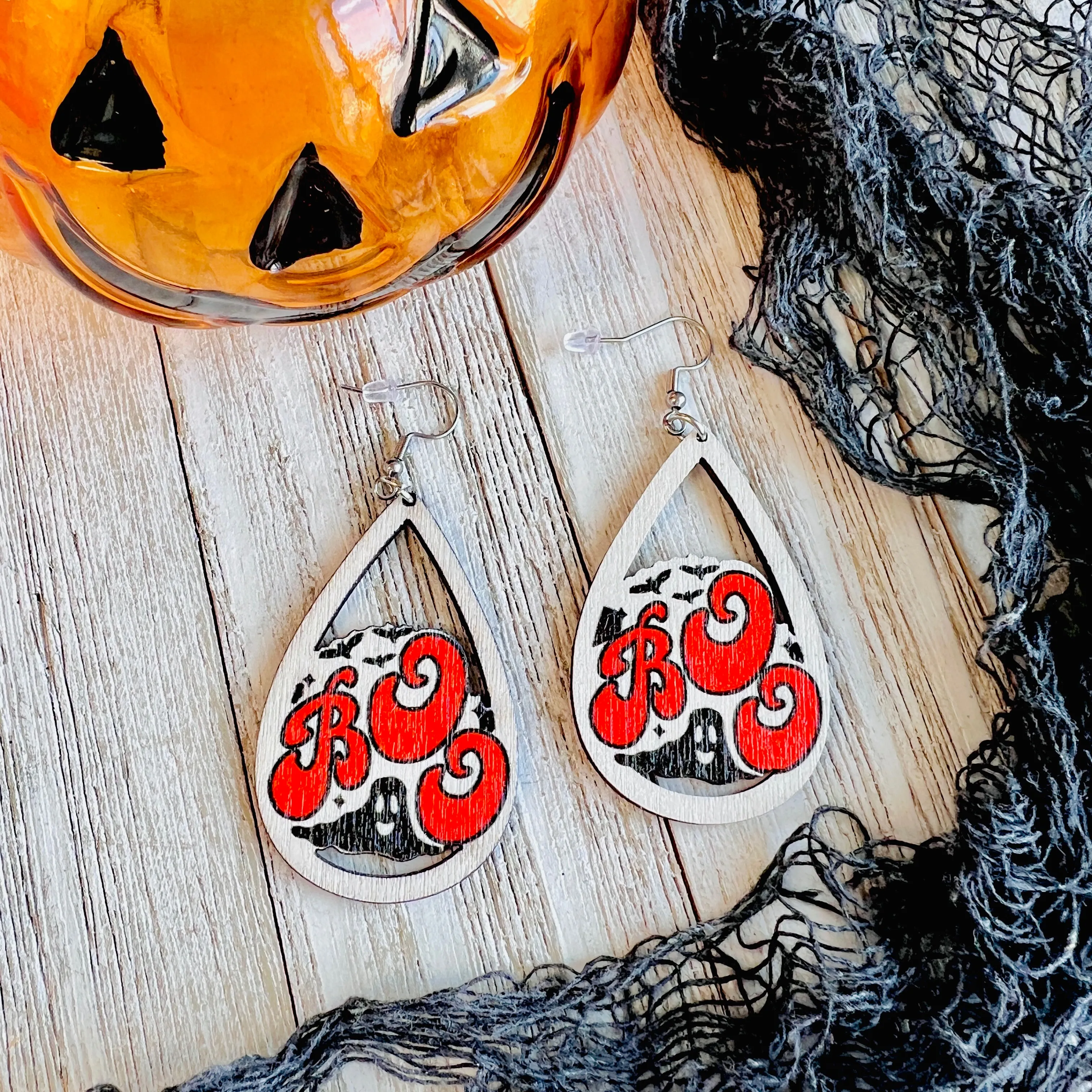 Boo Wooden Drop Ear Bling