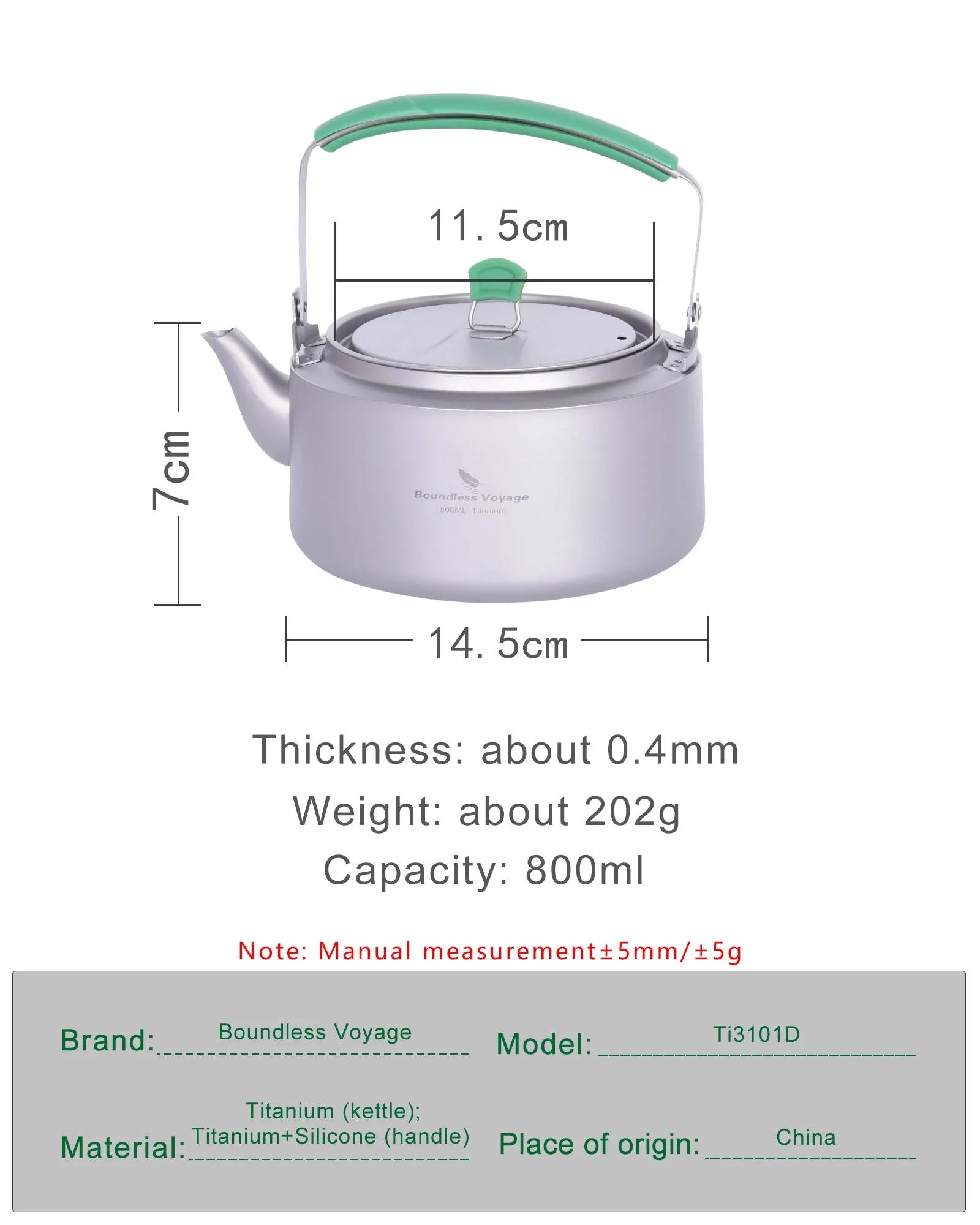 Boundless Voyage Camping Single-layer Titanium Kettle with Folding Handle Filter Big Capacity Pot Outdoor Tableware Drinkware 800ML