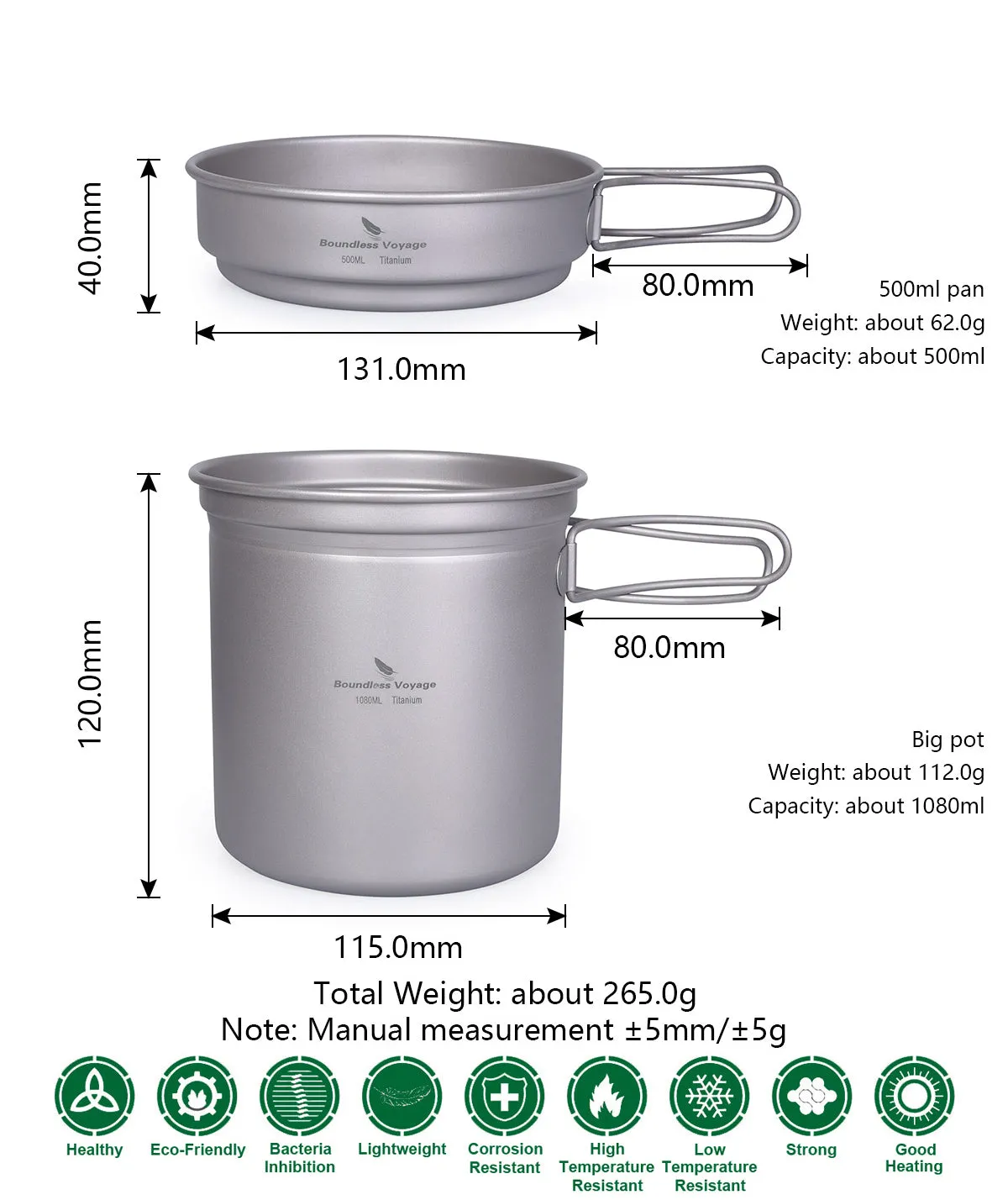 Boundless Voyage Outdoor Titanium Pot Pan Set with Folding Handle Camping Soup Bowl Mug Dish Mess Kit