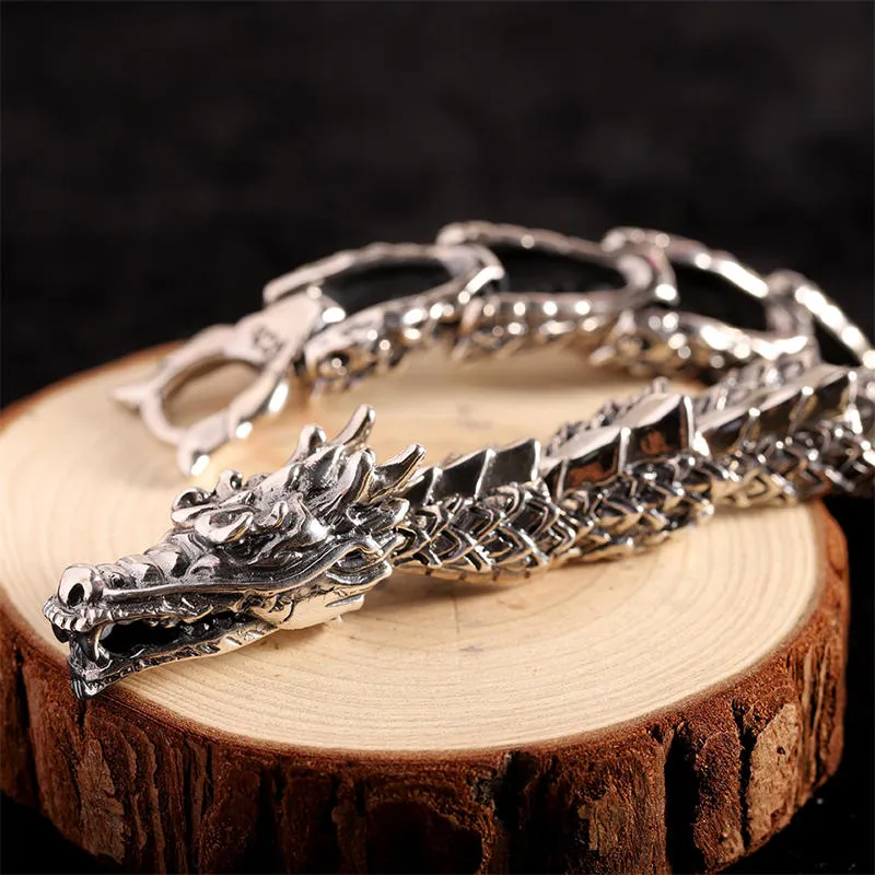 Buddha Stones 925 Sterling Silver Dragon Luck Success Bracelet Bangle