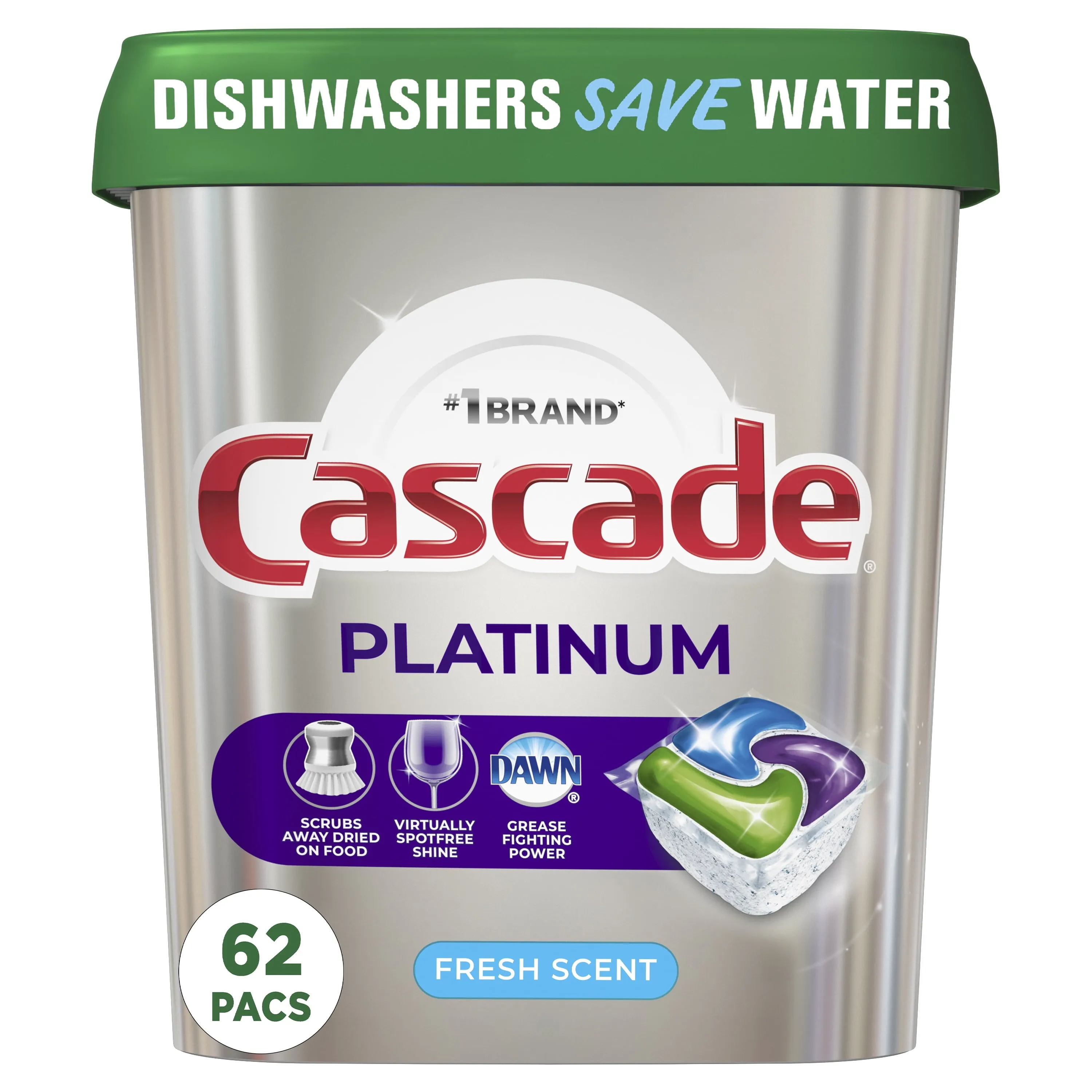 Cascade Platinum ActionPacs Dishwasher Detergent, Fresh Scent, 62 Count