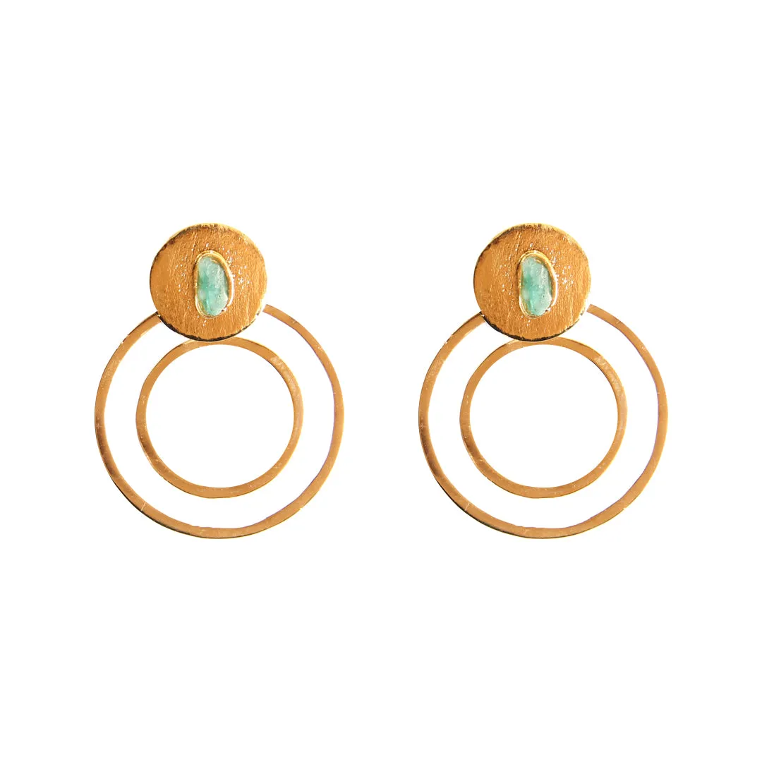 Circle Dimensiones Collection Colombian Raw Emerald & 24k Gold Plated Small Earrings