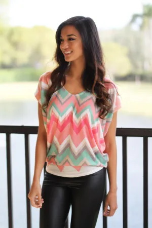 Coral and Mint Chevron Top