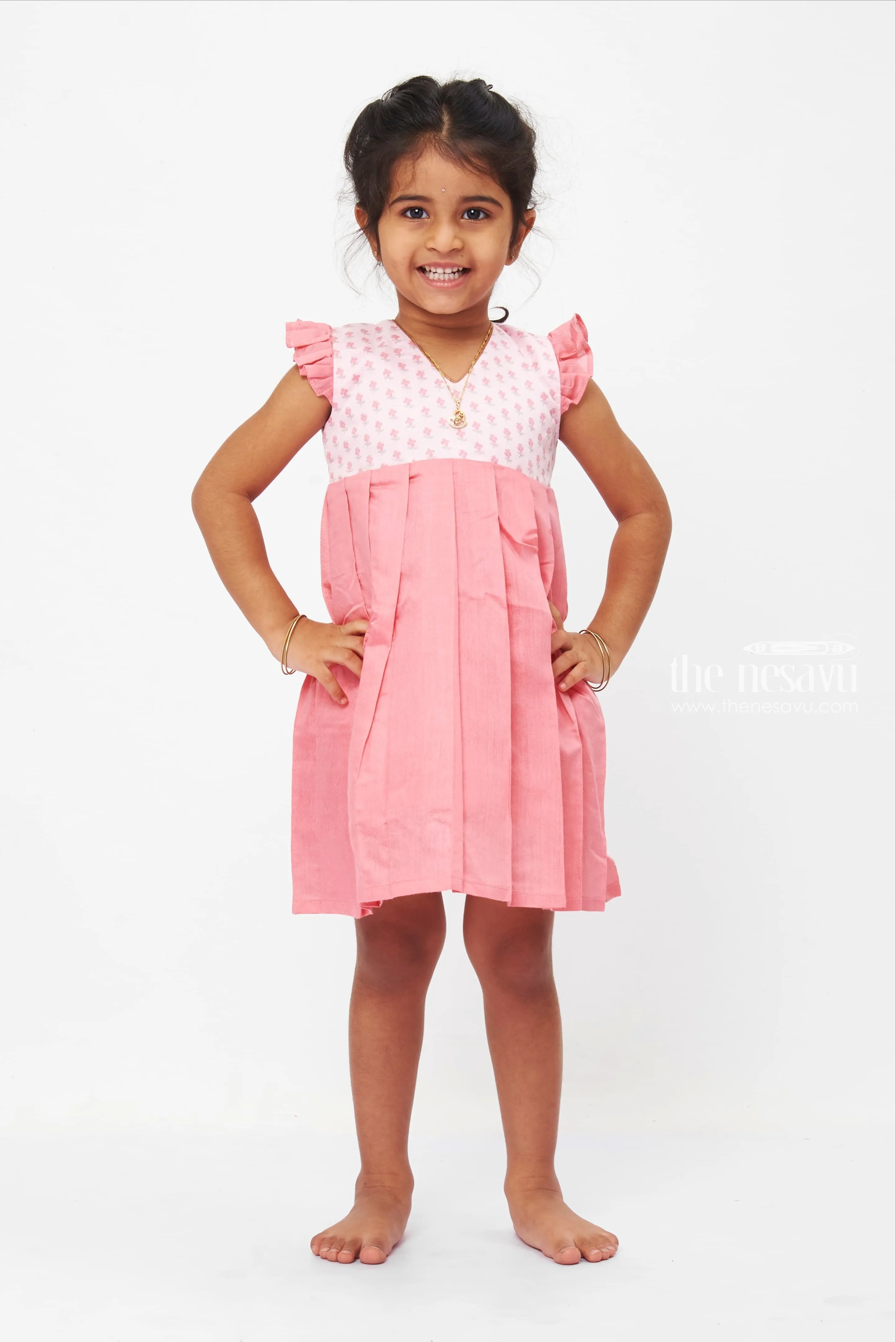 Coral Pleated Cotton Dress with Floral Printed Yoke for Girls